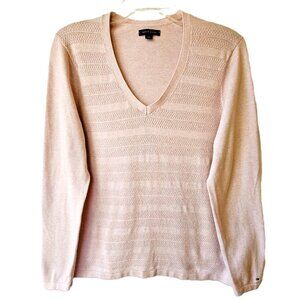 🌸 Tommy Hilfiger V-Neck Sweater – Women’s Large – Light Pink – 100% Cotton